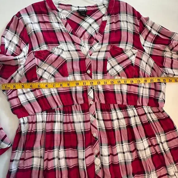 Torrid Emma Tunic Womens 3X Red Pink Plaid Babydoll Challis Button-Front Top - Picture 8 of 10